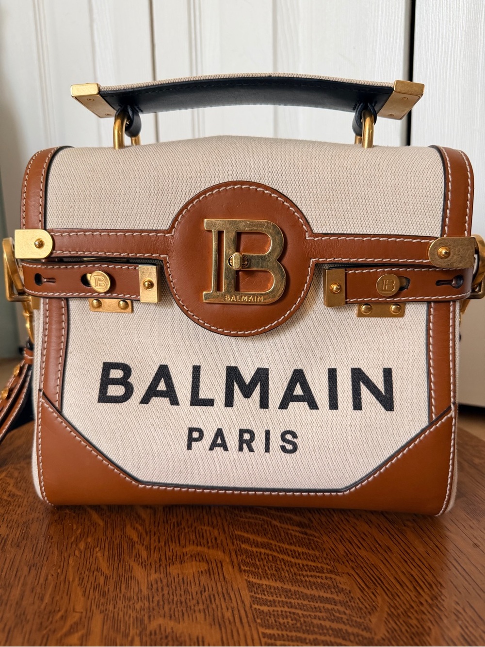 Balmain B-Buzz Cream Canvas and Tan Leather Logo Satchel - Picture 3 of 15